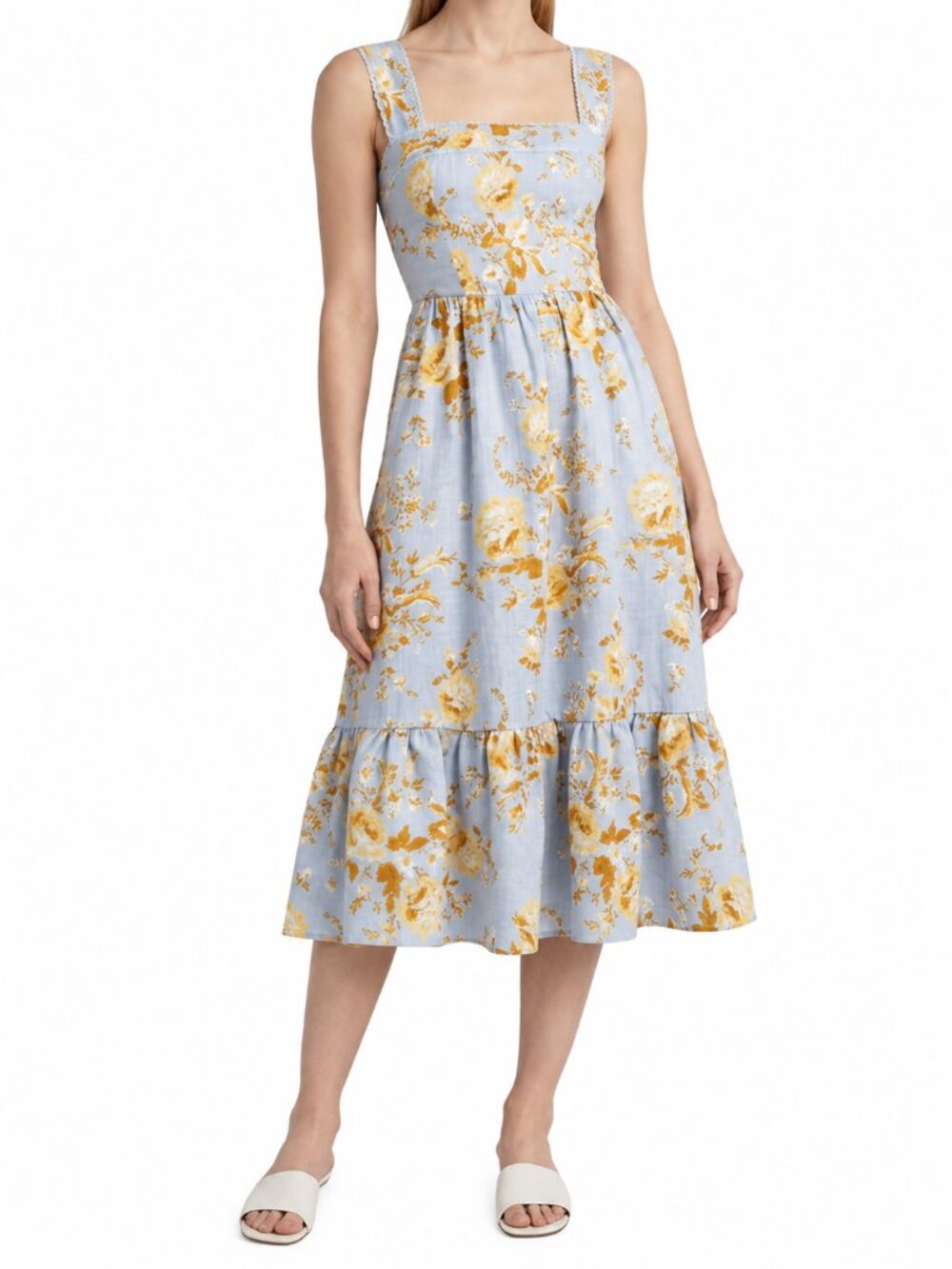 Reformation Rowen Linen Midi Dress Heavenly Blue Gold Floral 2